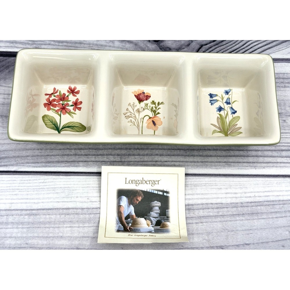 LONGABERGER POTTERY BOTANICAL FIELDS 3 COMPARTMENT‎ DIVIDED DISH - RELISH DISH